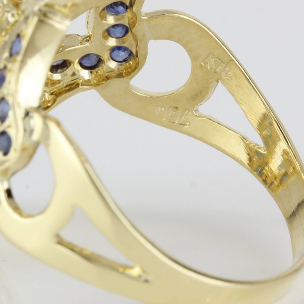 18k Yellow Gold Diamond & Blue Sapphire Flower Floral Anniversary Statement Ring - Picture 6 of 8